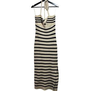 House of Harlow Revolve Twist Knot Halter Striped Knit khaki/navy Maxi Dress Sm